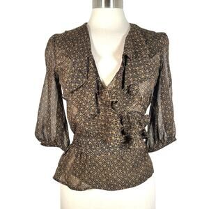 LAUREN Ralph Lauren Women's Ruffle Trim Top Blouse S Sheer Balloon Sleeve